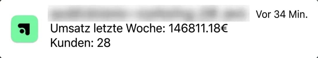 Benachrichtigung: Umsatz letzte Woche über 146.000 Euro, 28 Kunden